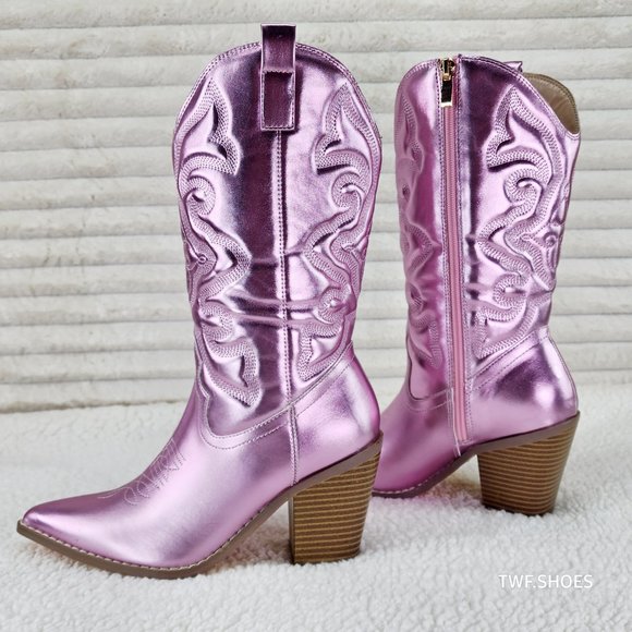 Electric Mid Calf Cowboy Baby Pink Brush Metallic Matte Western Cowgirl Boots - Picture 5 of 13